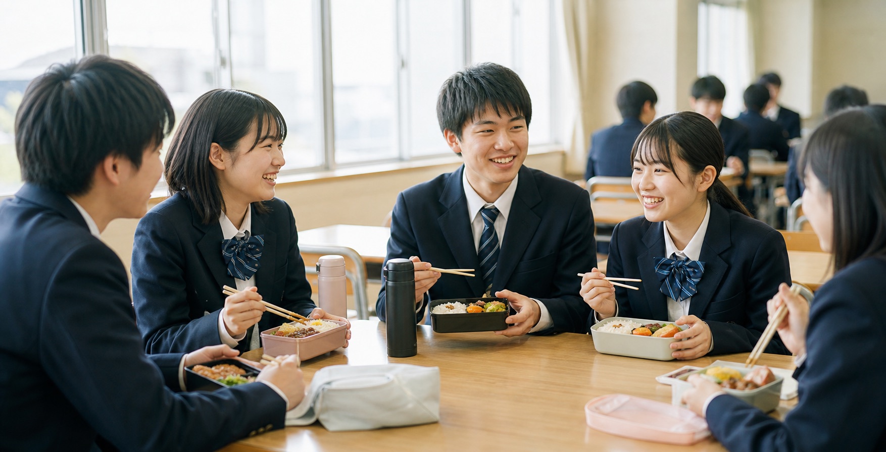 昼休みにお弁当を囲む学生たち